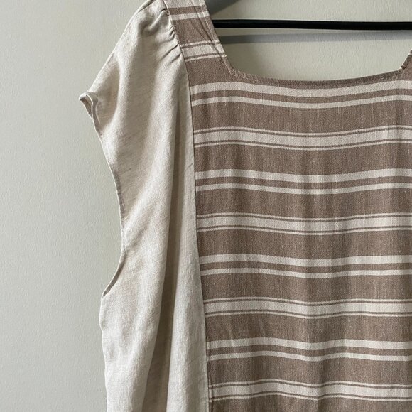 Handmade Plus Size Cotton Linen Patch Pockets Neutrals Brown Stripes Dress - Picture 6 of 15